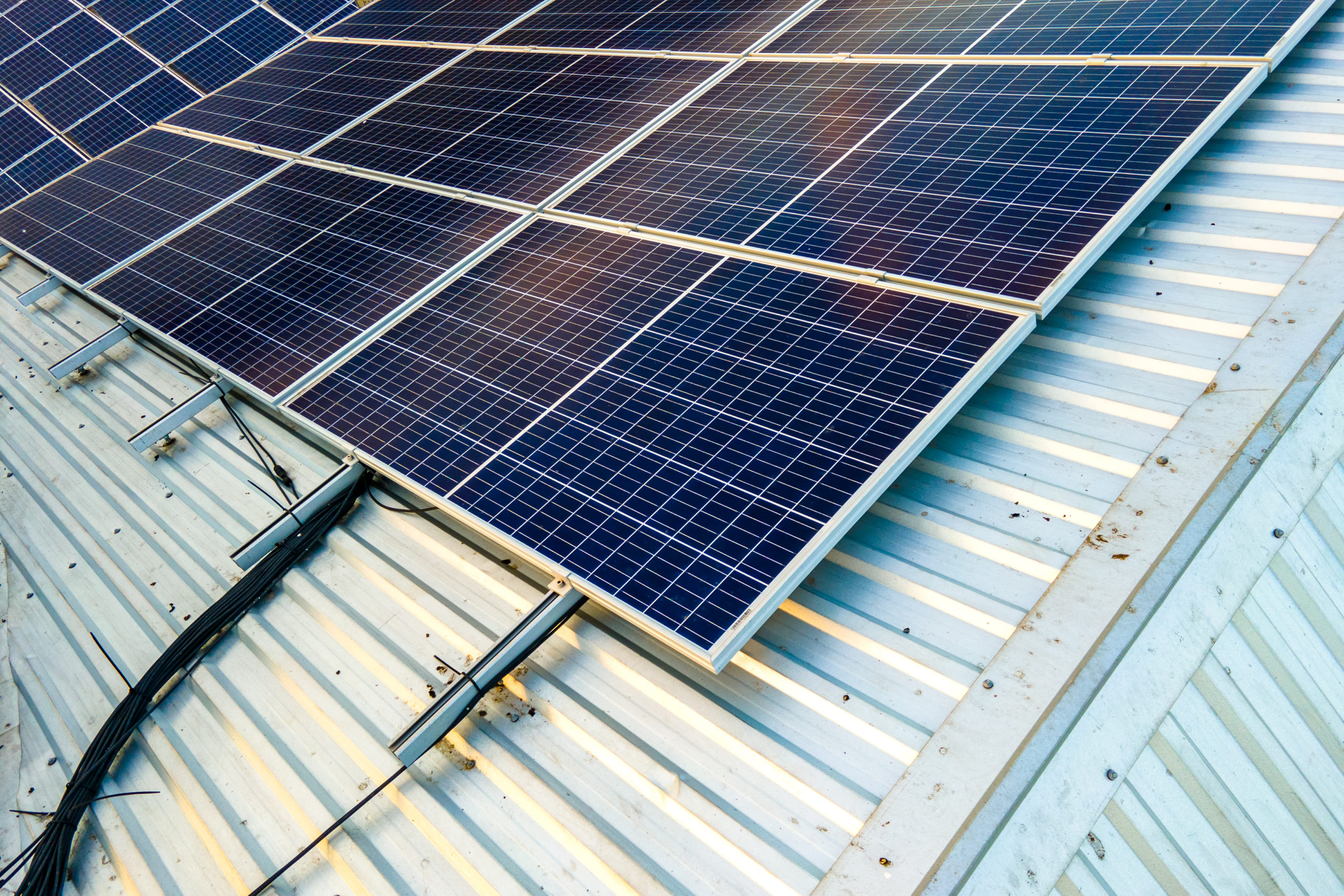 Aerial view of solar panels on industrial temporary building